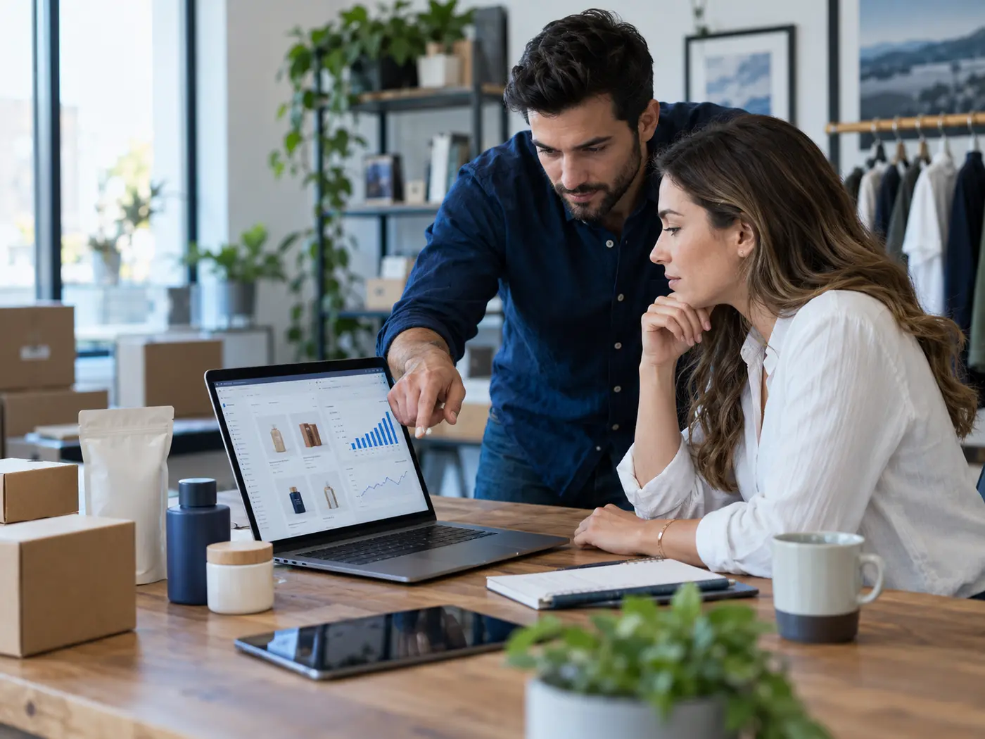 Online store owners reviewing ecommerce SEO sales and product performance